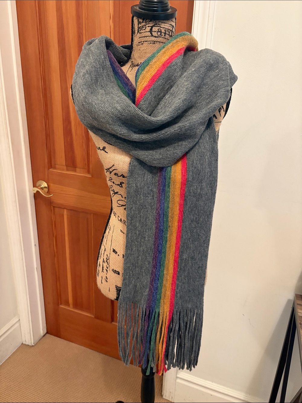 Gray Scarf with Rainbow Stripes.